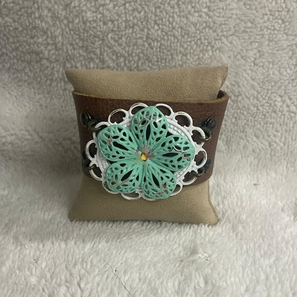 Jewelry - Western Handmade Brown Leather Cuff Bracelet With a Mint Green Filigree Flower
